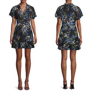 Parker Floral Tiered Wrap Style Mini Dress Boboli Black Blue XS NWT